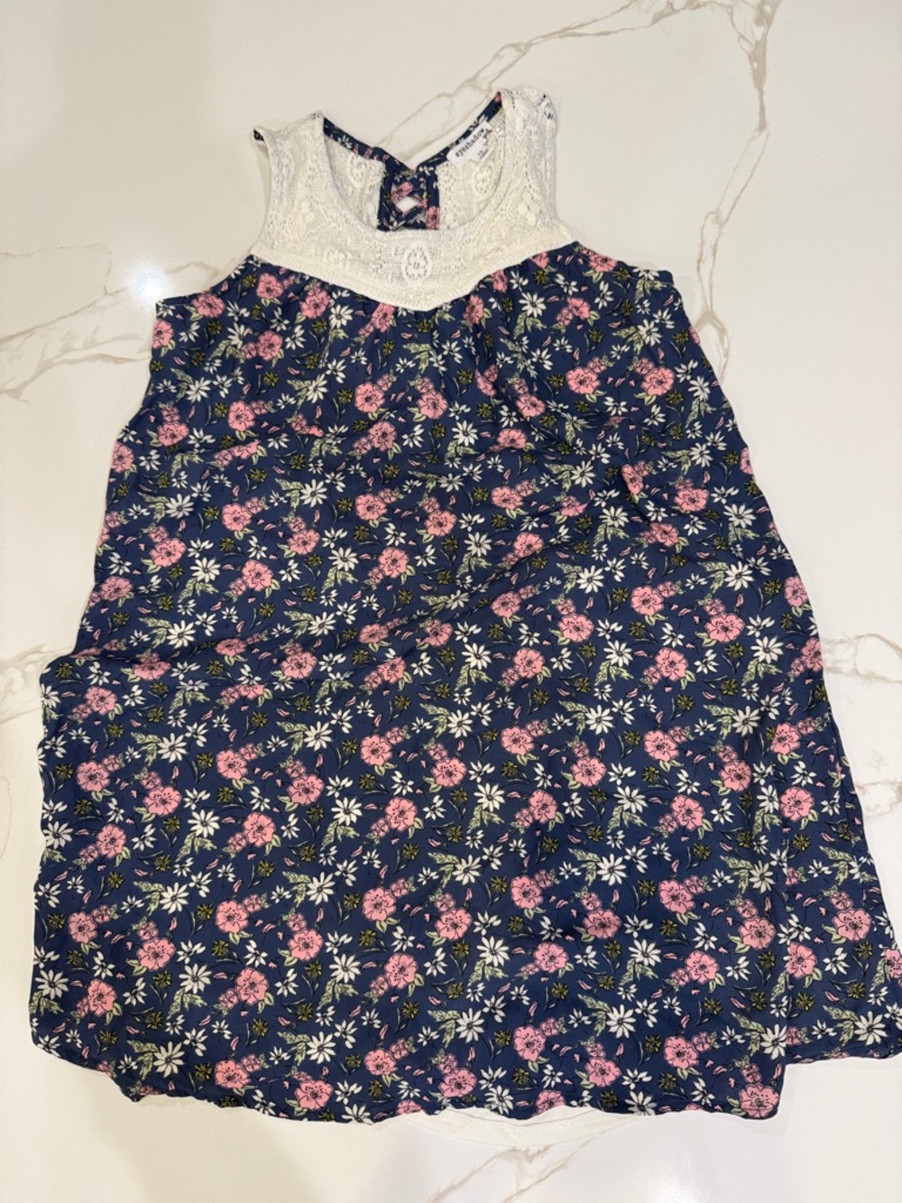 Eyeshadow Navy Floral Sundress with White Lace Yoke